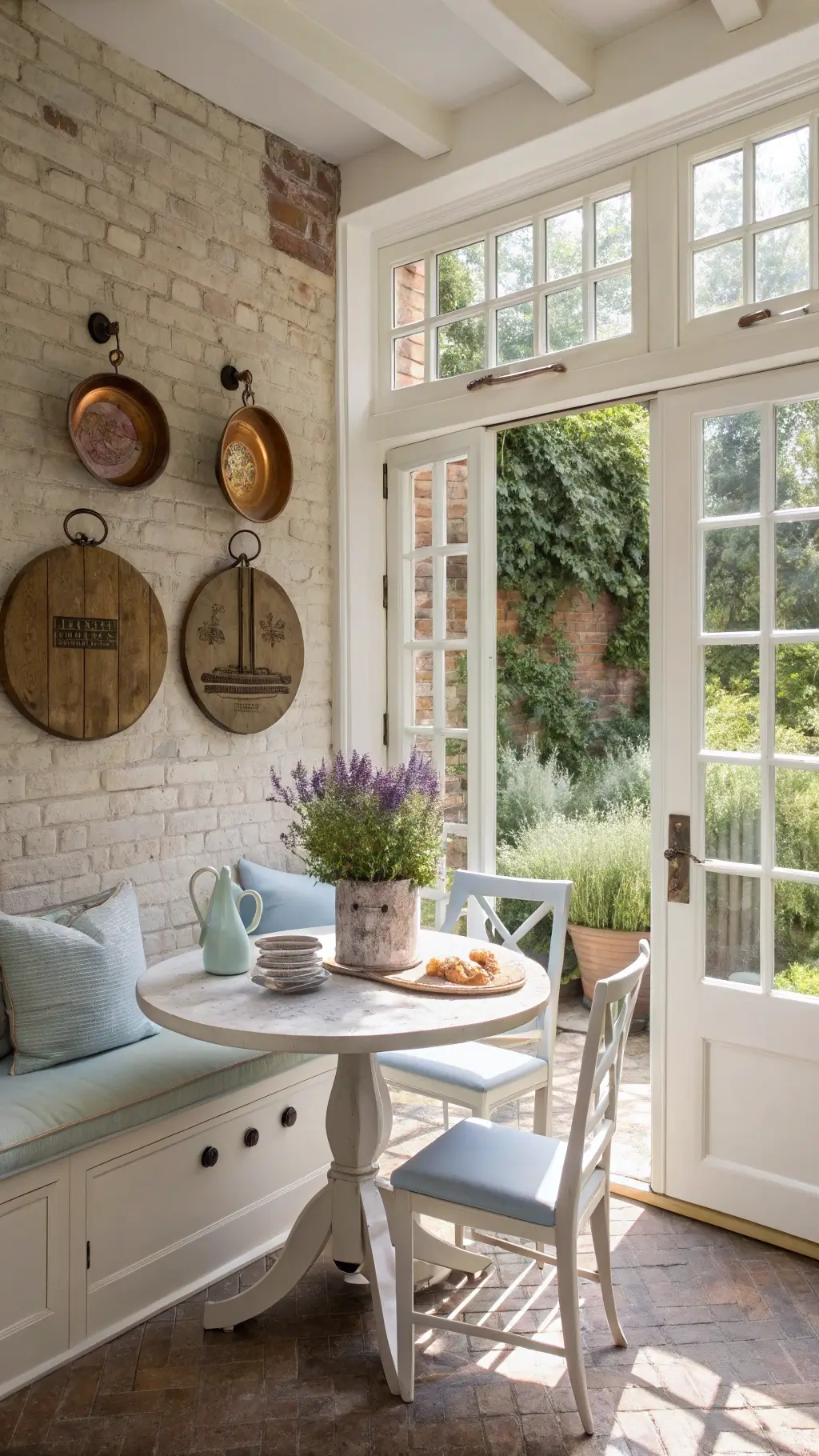 Sunlit breakfast nook in a 12x14ft kitchen alcove with whitewashed brick walls, French doors to herb garden, round table with lavender in a pitcher, cushioned chairs, and wall art of vintage cutting boards and copper molds.
