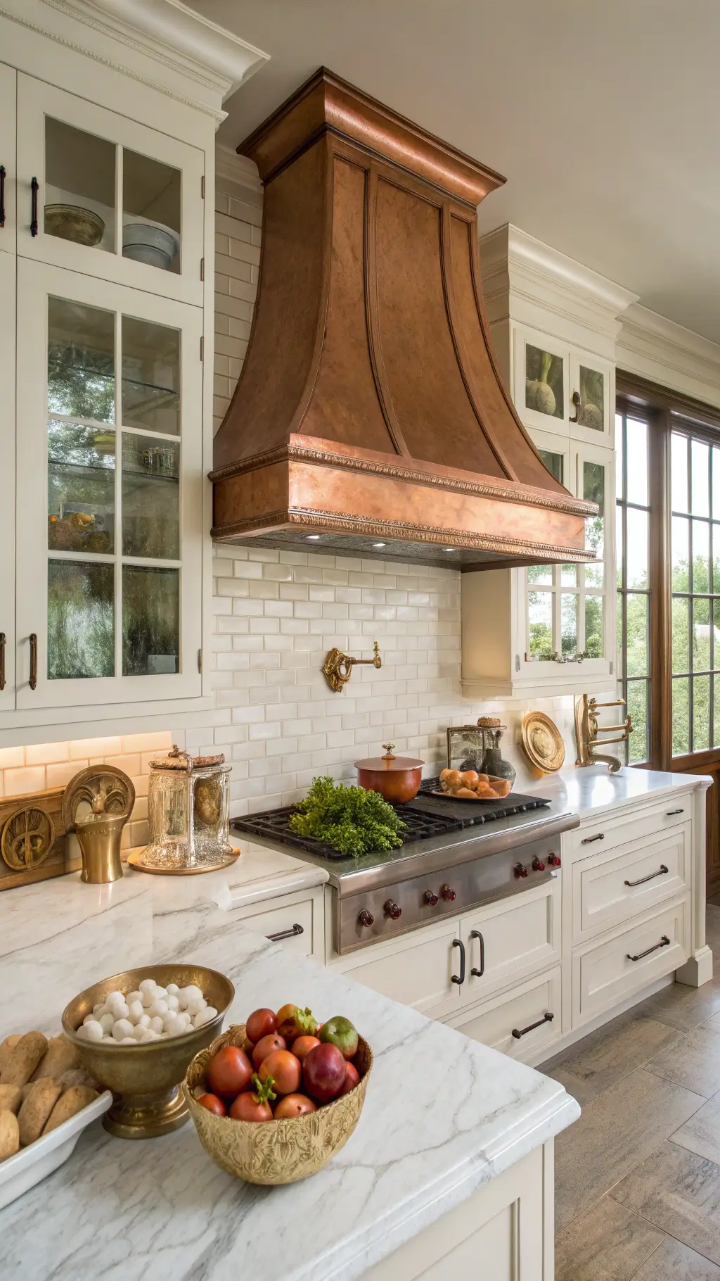 A well-lit professional kitchen features a striking copper range hood, glass-front cabinets with ironstone, and produce in copper bowls on marble counters. An antique brass scale with bread adds charm, as morning light highlights architectural details.