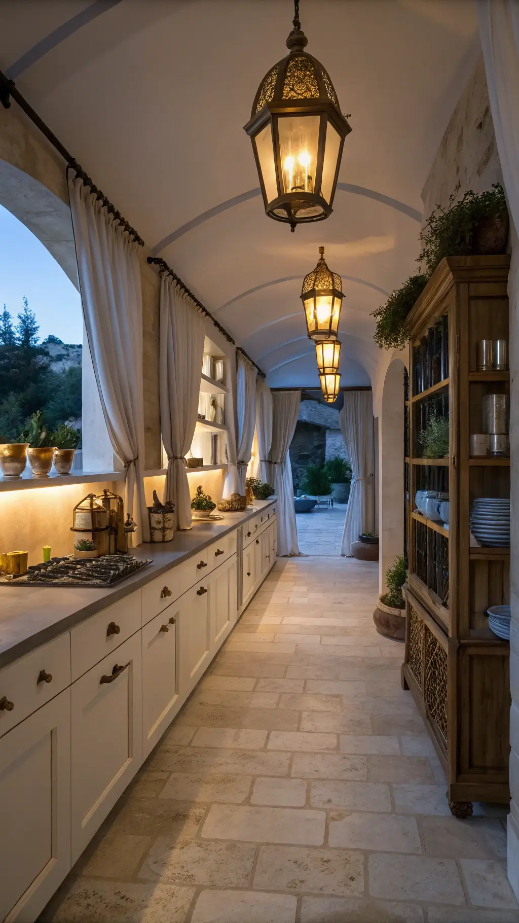 A cozy, intimate galley kitchen at dusk with a high ceiling, featuring twin brass lanterns, honey-toned limestone floor, tall white cabinets, gleaming copper cookware on open shelves, linen curtains, and antique pots with dried herbs.