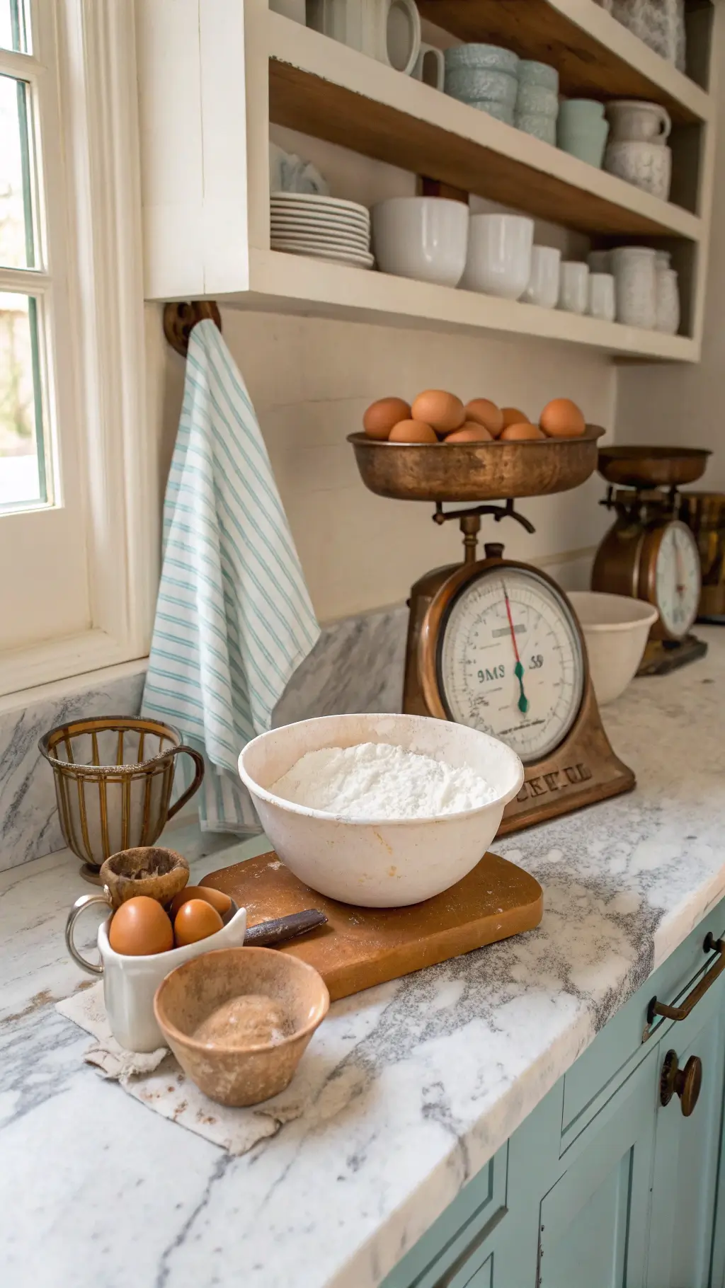 Corner kitchen baking station with Carrara marble surface dusted with flour, vintage scale with eggs, distressed white oak shelves with mixing bowls and pitchers, and copper measuring cups in afternoon light.