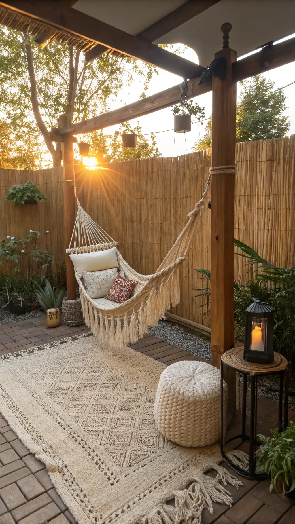 A cozy backyard patio corner with a macramé hammock between oak posts, adorned with kilim pillows and an ivory wool blanket; golden hour light filters through bamboo screens, highlighting a vintage brass lamp and jute rug.