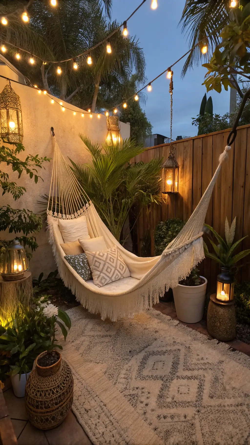 Intimate garden nook at twilight with LED string lights and lanterns, featuring a macramé hammock with sheepskin and pillows, surrounded by potted palms and jasmine.