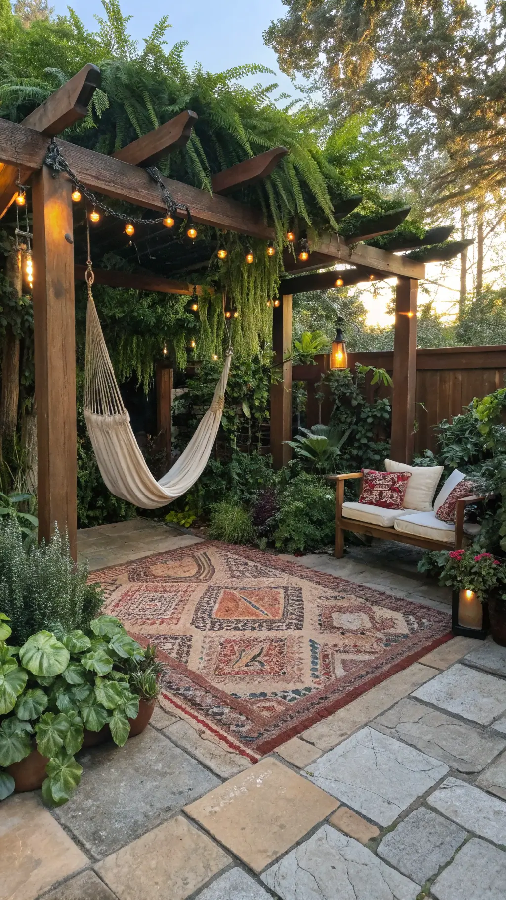 An aerial view of a bohemian outdoor space at golden hour, featuring a teak pergola with a macramé hammock, surrounded by tall bird of paradise plants and hanging ferns. Layered Persian rugs cover the stone patio, with wooden bead garlands and copper wind chimes highlighted by warm light.