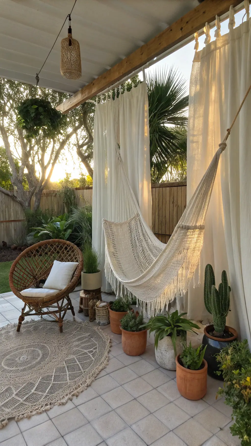 A serene 6x8ft meditation corner at sunrise with a double-wide cotton rope hammock, flowing white curtains, dramatic shadows from bamboo screens, clustered terra cotta pots with succulents and air plants in macramé holders, a vintage rattan peacock chair, and a brass side table.