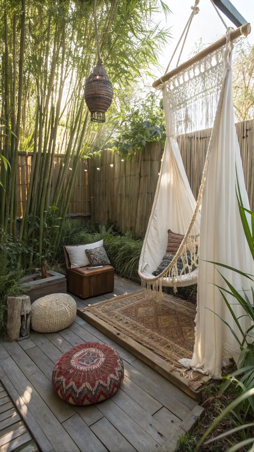 A cozy backyard retreat with a macramé hammock amidst bamboo, dappled sunlight, vintage cushions, and grasses on a teak platform.