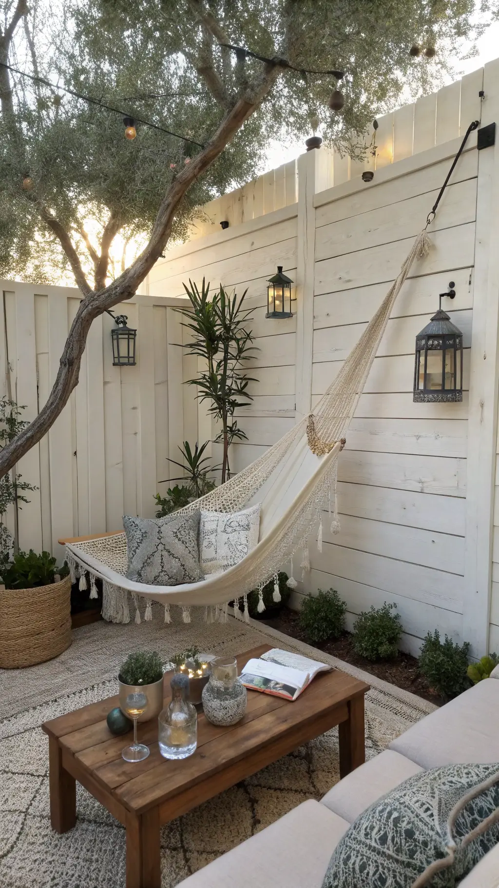 A 12x12ft corner sanctuary with a hand-knotted double hammock in natural fibers, distressed white wooden screens, potted olive trees, mixed metallic lanterns, crystal prisms, and a low teak coffee table set with tea essentials, all illuminated by morning backlight for an ethereal quality.