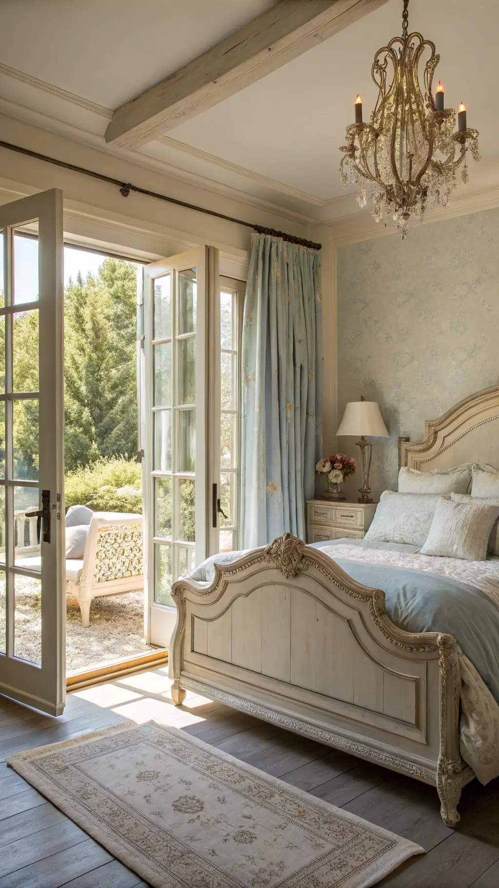 How to Create Your Dream French Country Bedroom A sunlit master bedroom with an ornate cream-painted wooden bed and vintage toile curtains, captured during golden hour through French doors, featuring soft focus on bed details.