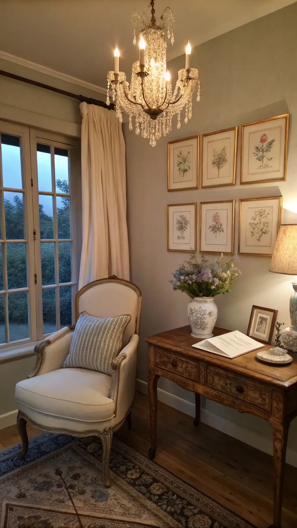 A cozy corner of a French country bedroom at dusk features a silk bergère chair, a distressed writing desk, and a crystal chandelier. Botanical prints adorn the pale grey walls and fresh lavender sits in a ceramic pitcher. Linen drapes frame leaded glass windows under warm and blue hour lighting.