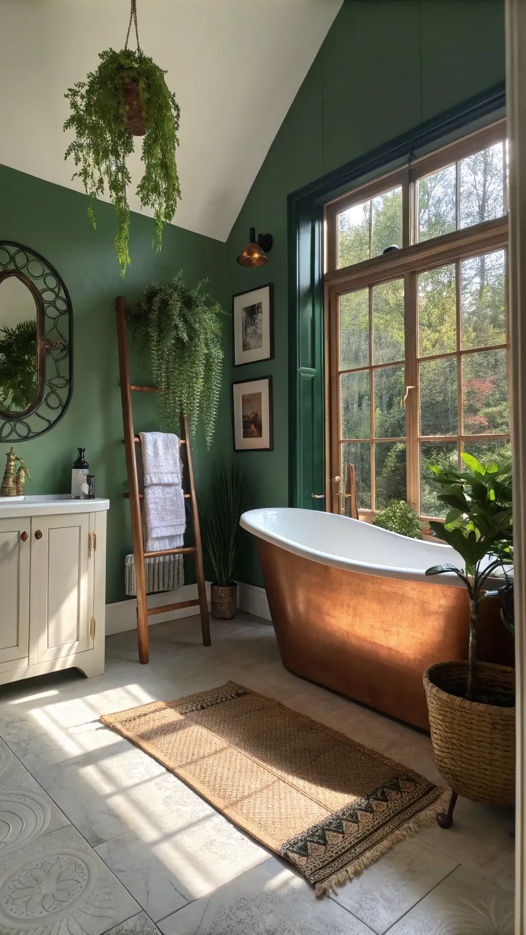 Sunlit master bathroom with sage and forest green walls, featuring a copper tub, hanging plants, and vintage brass mirror, captured during golden hour.