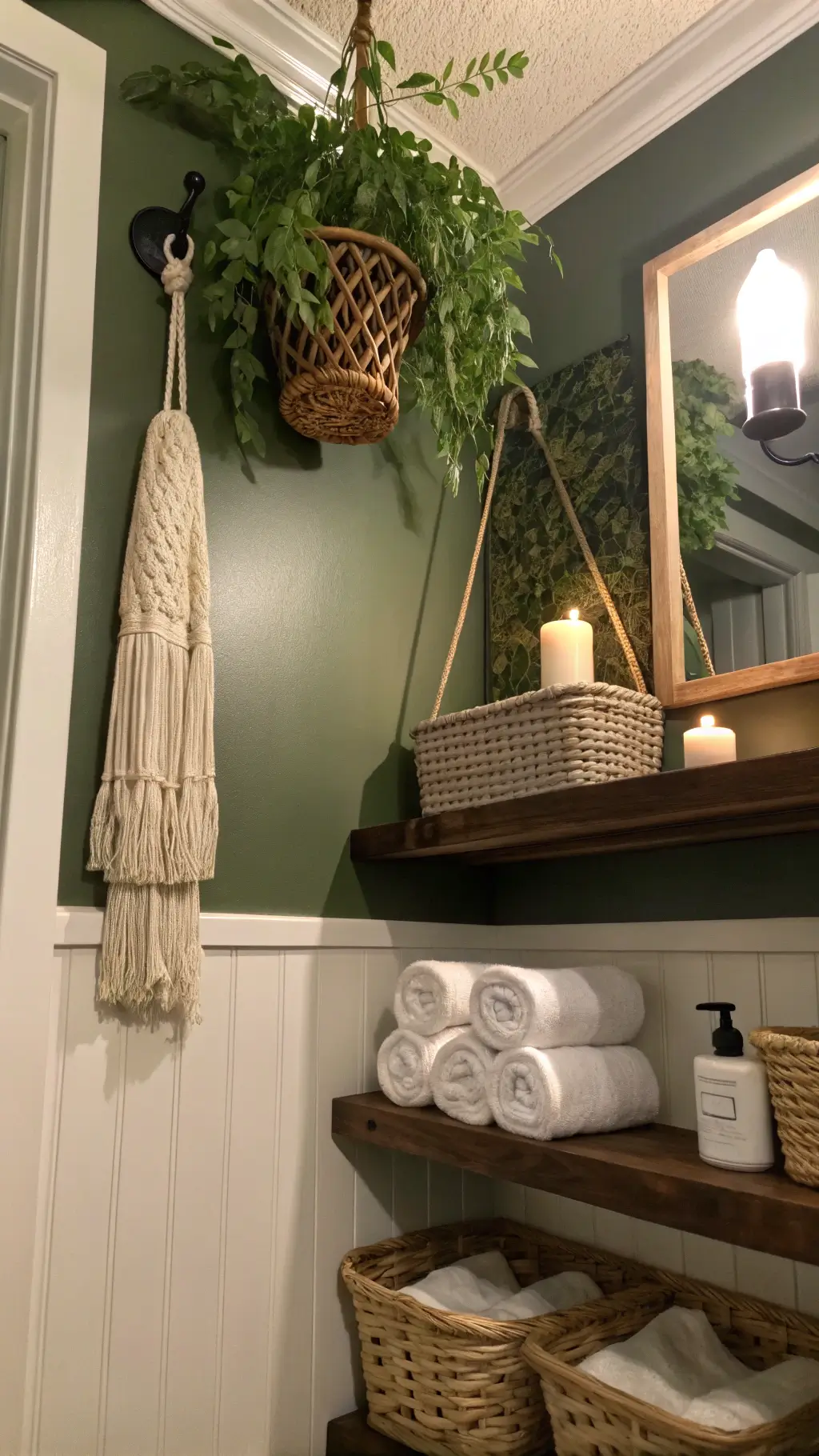 Low-angle view of a cozy 6x8 powder room with olive green walls and white trim at dusk. A handwoven macramé plant hanger descends from brass ceiling hooks. Warm LED sconces cast an ambient glow. A natural jute basket with rolled white towels sits under a reclaimed wood floating shelf, emphasizing the room's woven, wooden, and metallic textures.