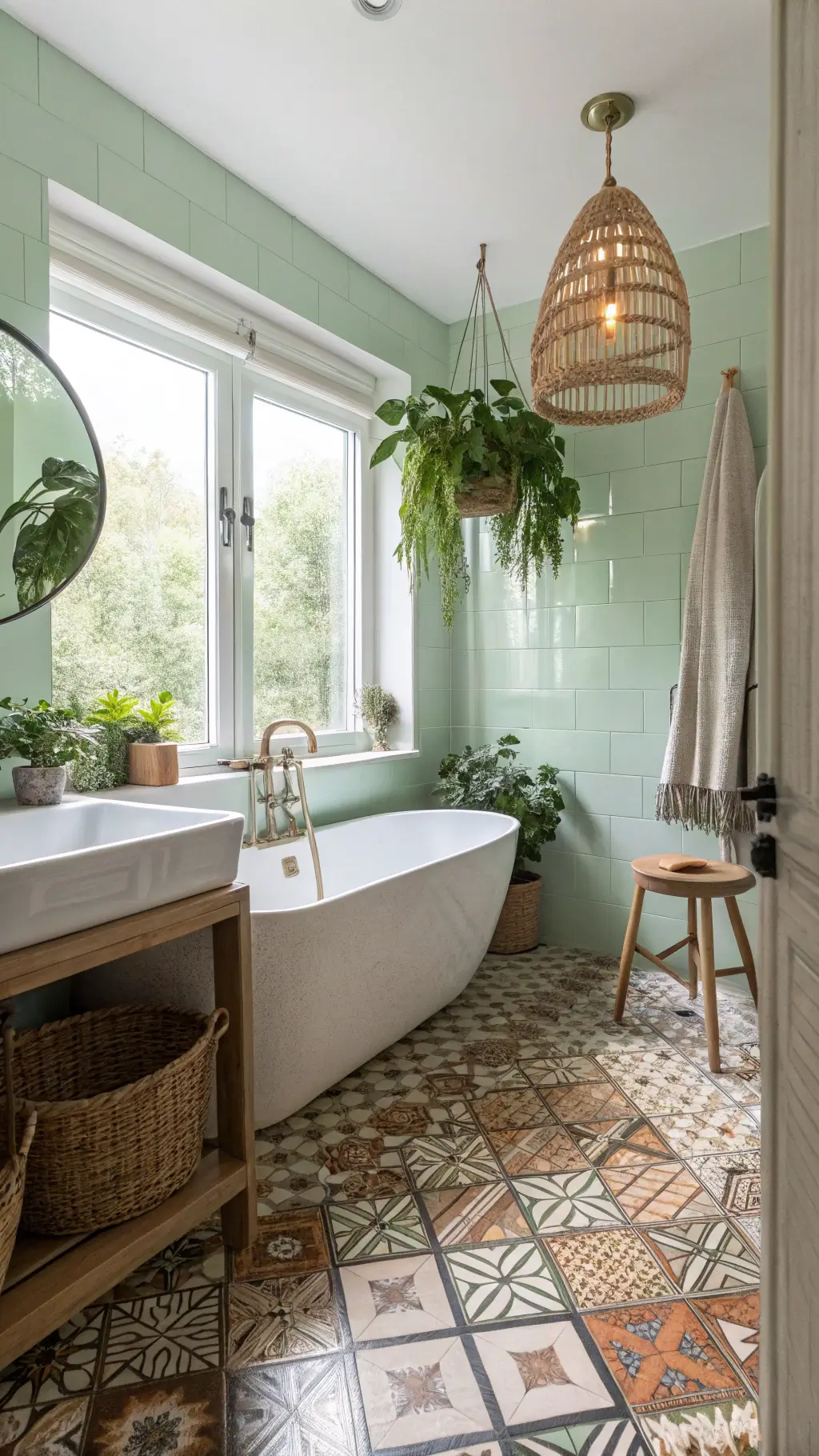 Morning light in a 7x9 bathroom with mint green walls and earthy geometric floor tiles; vintage brass light over vessel sink, hanging plants, rattan hamper, wooden stool.