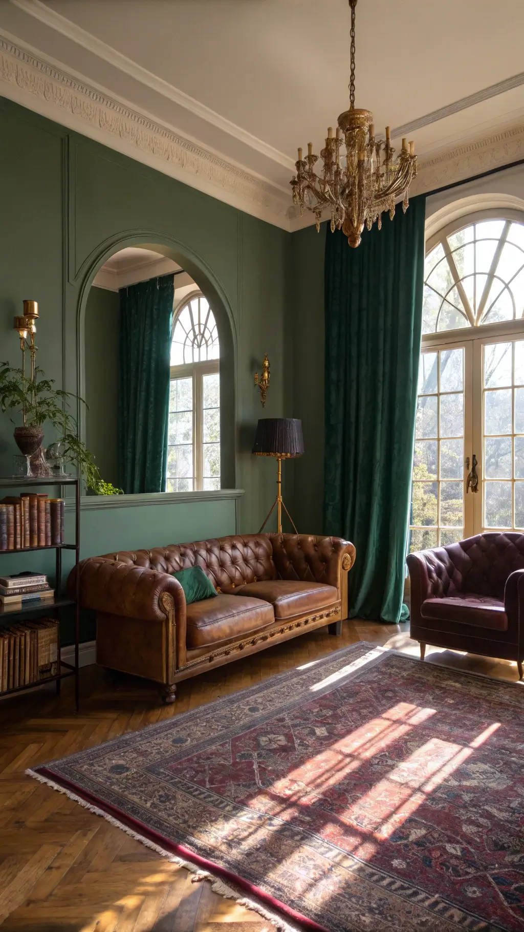 A grand living room at golden hour with sunlight filtering through emerald velvet drapes, featuring a leather Chesterfield sofa against a green wall, herringbone floors with a faded Persian rug, a brass floor lamp, a purple velvet wingback chair, and a vintage chandelier, emphasizing rich textures and a cinematic mood.