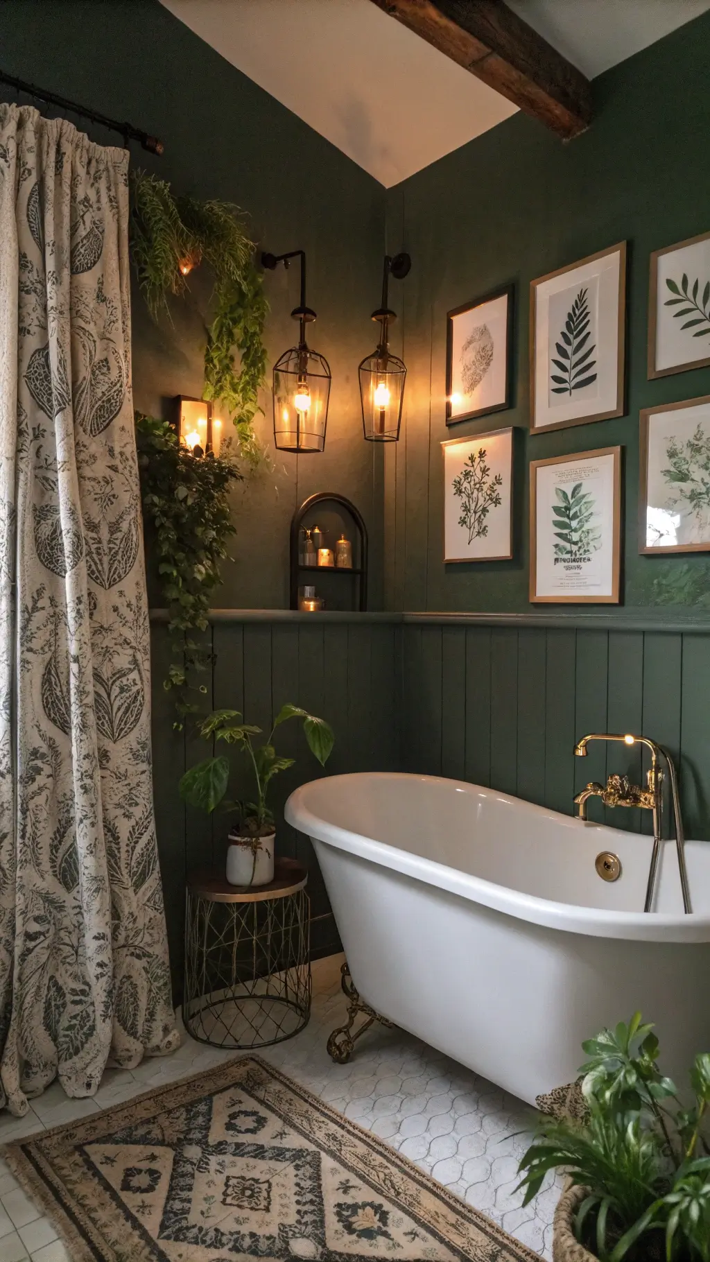 A moody twilight bathroom scene featuring a freestanding clawfoot tub against a forest green accent wall, illuminated by copper sconces and scattered candles. Vintage botanical prints in brass frames decorate the wall, with trailing plants in macramé hangers and a tribal print shower curtain adding depth.
