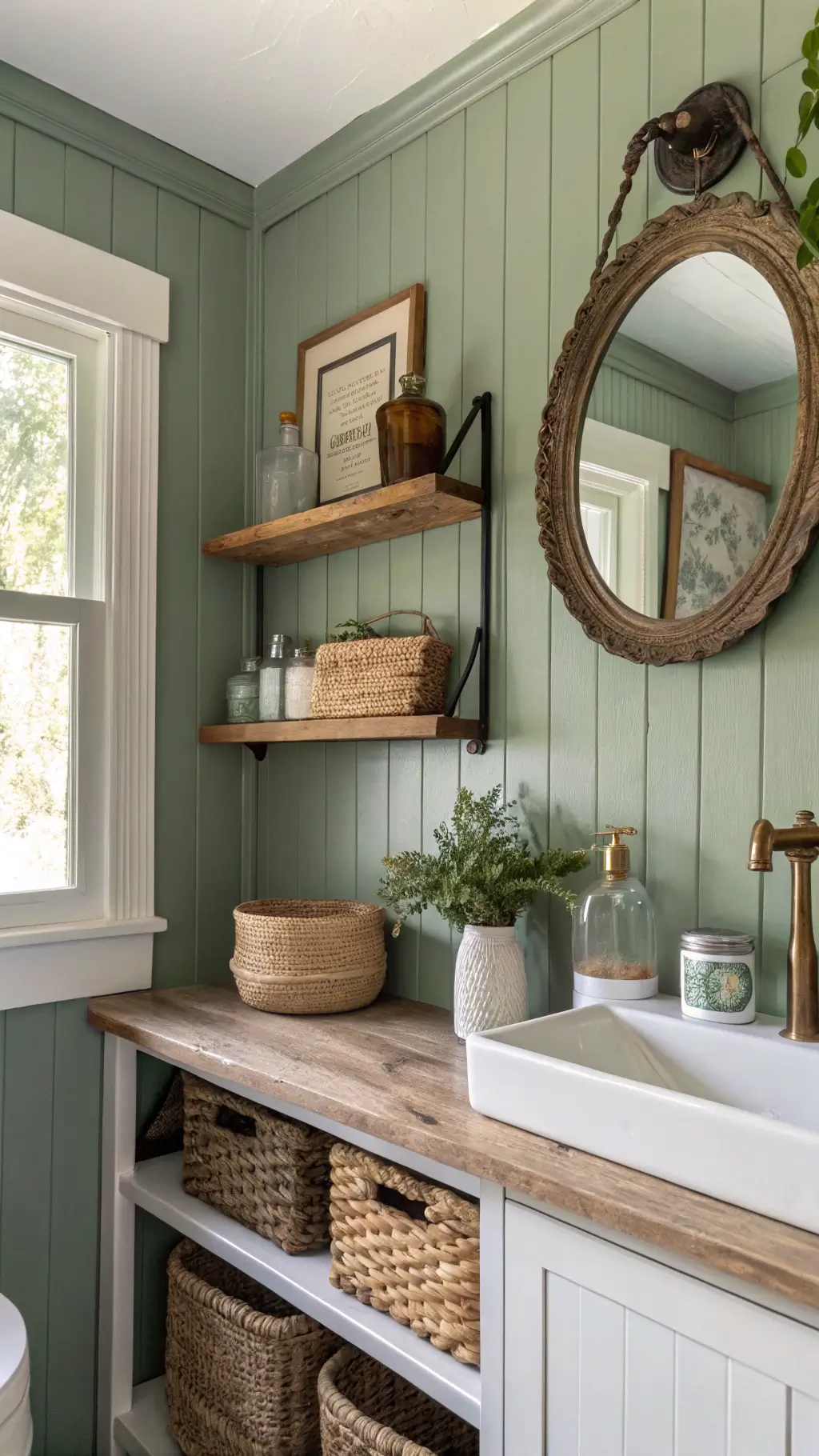 A close-up view of a bathroom vanity featuring sage green shiplap walls, an antique brass mirror, handmade ceramic vessels, vintage glass jars, and woven storage baskets on floating wooden shelves, with plant shadows casting on the wall.