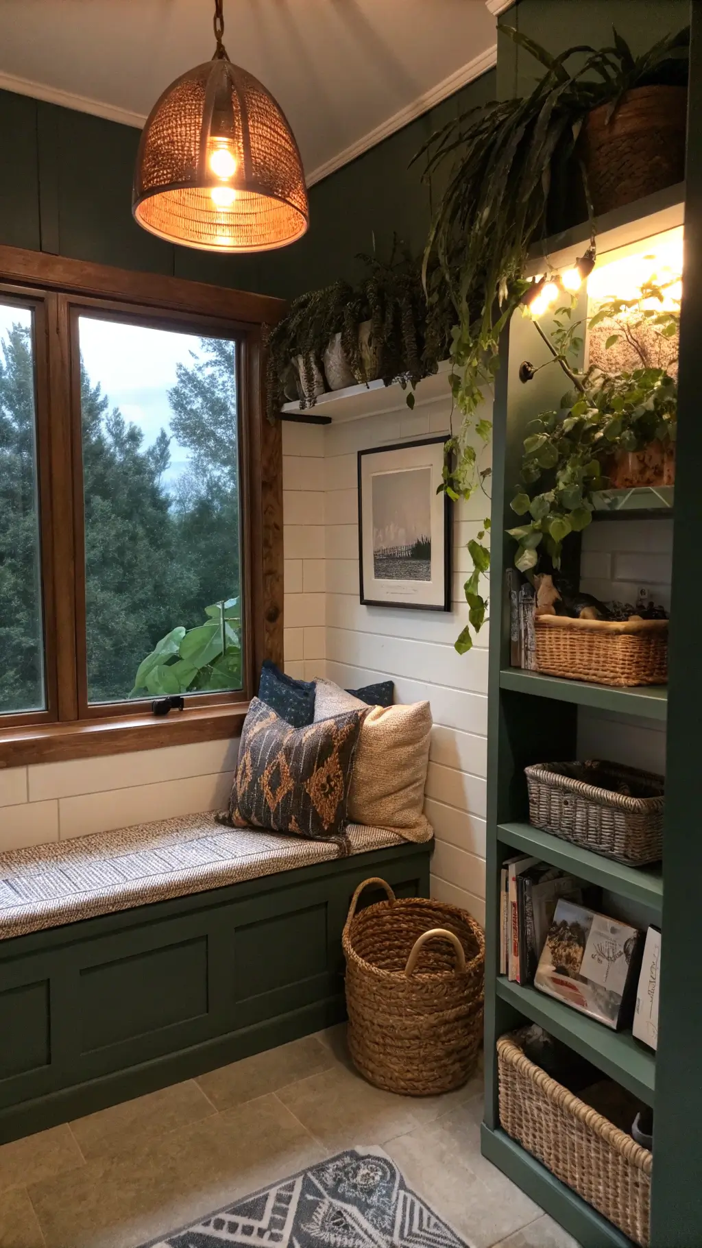 A cozy bathroom reading nook with a forest green built-in bench, mudcloth cushions, and a copper pendant light, surrounded by hanging plants, rattan magazine holder, woven baskets, and intentional negative space for a calm feel.