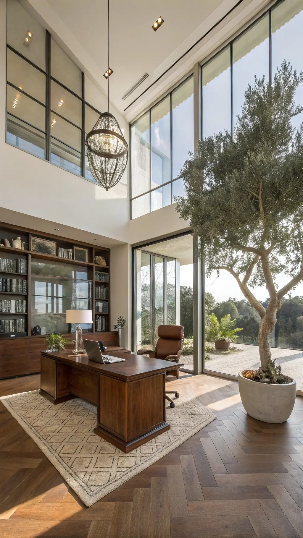 How to Style your Italian Office? A sunlit executive office with high ceilings and floor-to-ceiling windows, featuring a floating mahogany desk, cognac leather chair, steel and glass shelving, an olive tree, and herringbone wood floors, bathed in afternoon light.