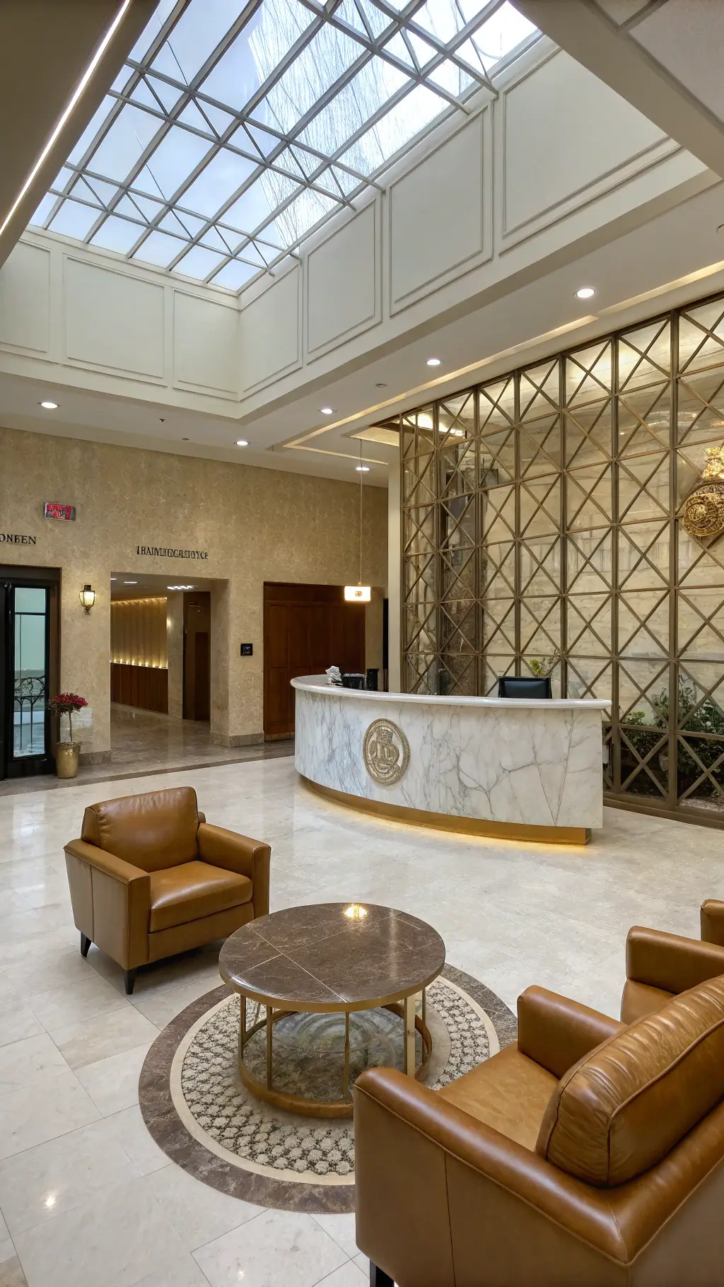 Wide-angle view of a spacious reception area with a double-height ceiling, natural light streaming through a skylight. A curved marble desk with a backlit logo is central, surrounded by Italian camel leather lounge chairs. A geometric metal room divider serves as an art piece. The polished concrete floor features inlaid brass, and the scene is seen from a mezzanine level, highlighting the room's height. Colors are cream, camel, with brass accents.