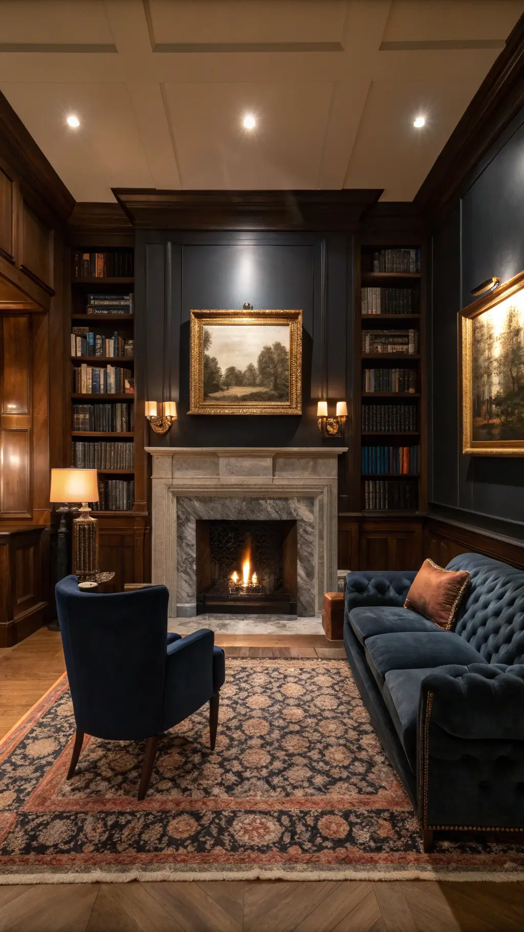 Intimate sitting area with black marble fireplace, charcoal bookshelves, navy velvet settee, leather club chairs, Oushak rug, and brass-framed oil paintings, softly lit by sconces at dusk.