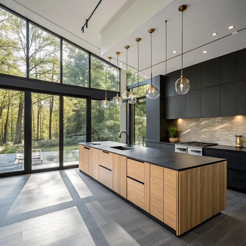How to Design Black and Wood Kitchens? A spacious modern minimalist kitchen with matte black cabinets, light maple wood island, and floor-to-ceiling windows.