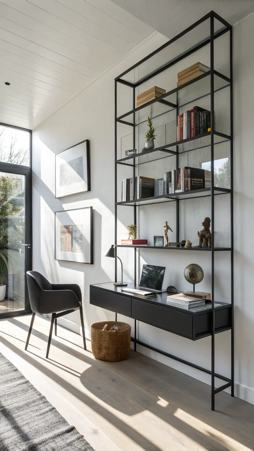 A minimalist study with matte black floating modular shelving casting dramatic late afternoon shadows on white walls; features glass-front cabinet sections for rare books, open shelves displaying modern art and sculptures, and a black powder-coated steel desk. Bookcases