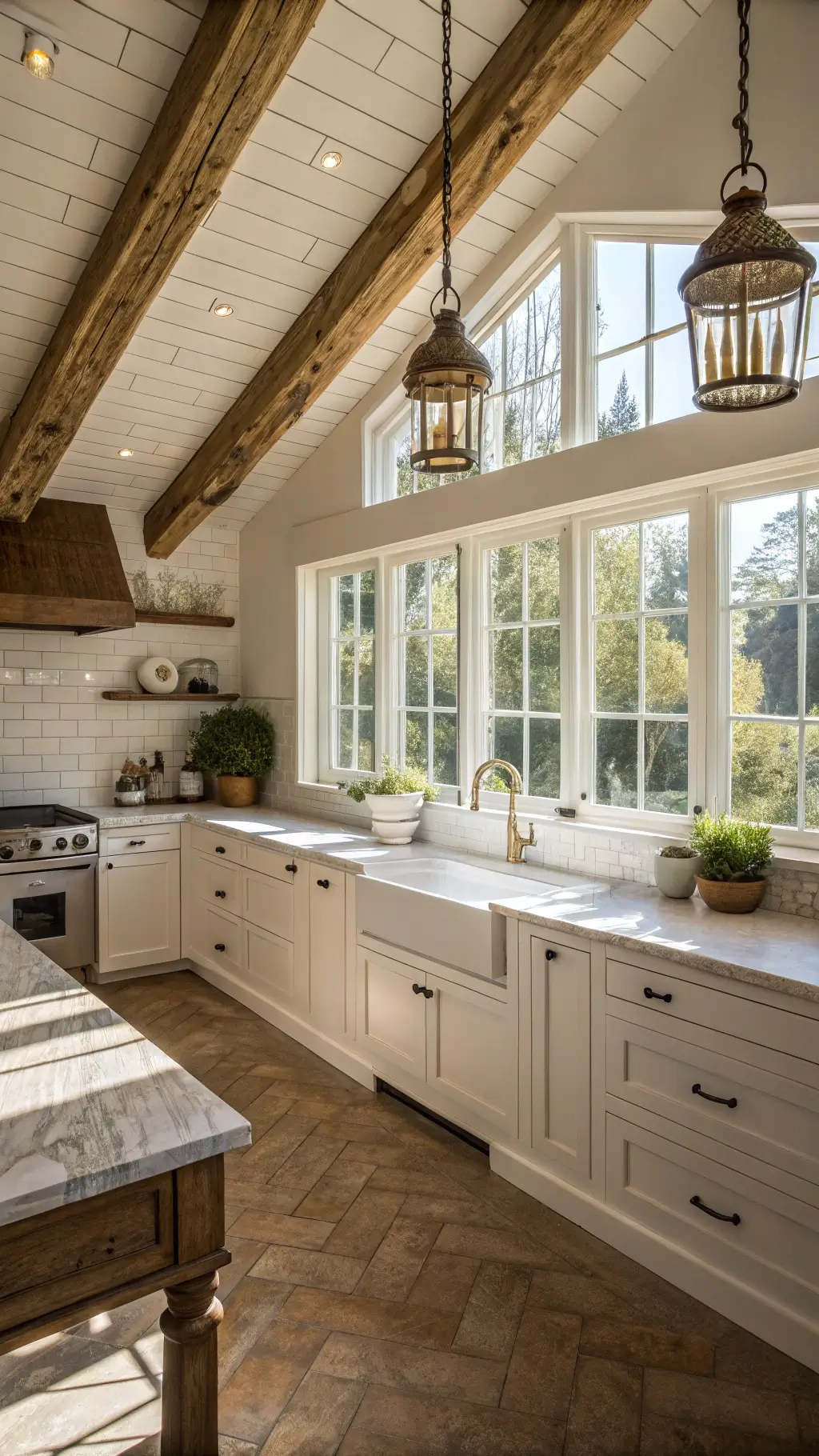 A sunlit farmhouse kitchen with exposed wood beams, shaker cabinets, and Carrara marble countertops. A central island with a butcher block top is lit by aged brass pendant lights. Features include a farmhouse sink, wide-plank oak flooring, and a herringbone subway tile backsplash. Copper pots hang from the ceiling, and fresh herbs sit on the windowsill.