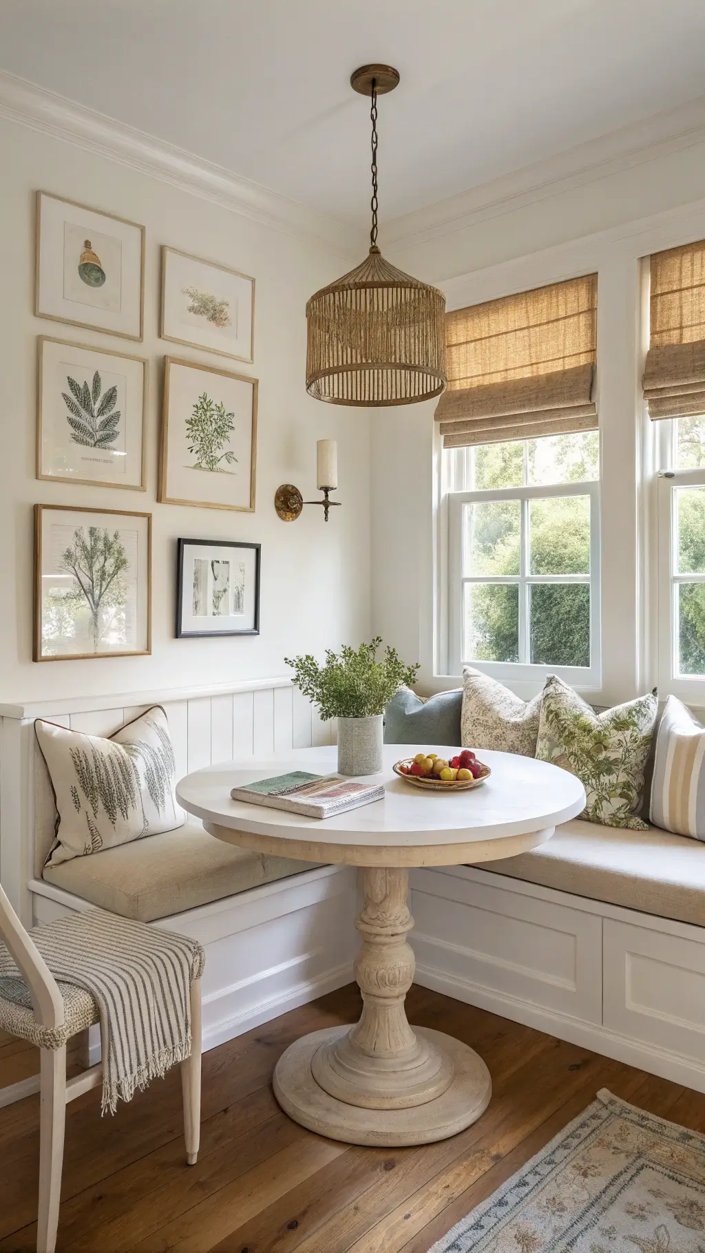 Cozy corner kitchen breakfast nook with cream linen banquette, round oak table, and vintage botanical prints, bathed in golden hour light through Roman shades.