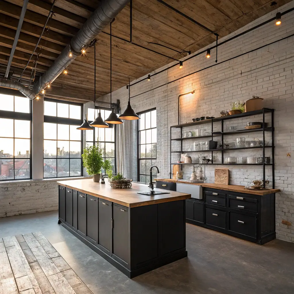 Industrial chic kitchen in a converted loft with exposed brick walls, 12ft wooden beam ceilings, factory-style windows, central black steel workstation, matte black cabinets, vintage wood shelving, and industrial pendant lights.