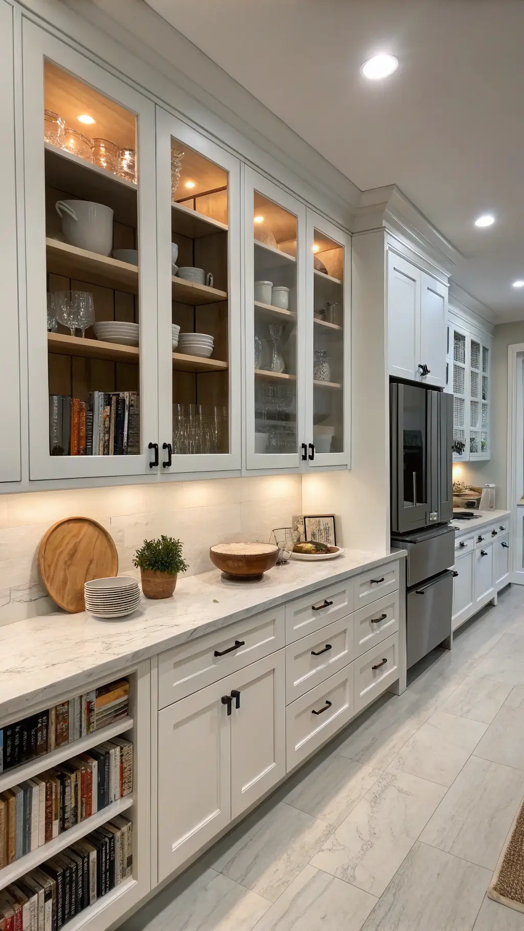 A professional-grade kitchen with white custom cabinets, quartz countertops, stainless appliances, organized pull-out pantry storage, matte black hardware, and white oak shelves styled with cookbooks and ceramics. The efficient workspace is lit by diffused recessed lighting, emphasizing its clean and elevated design.