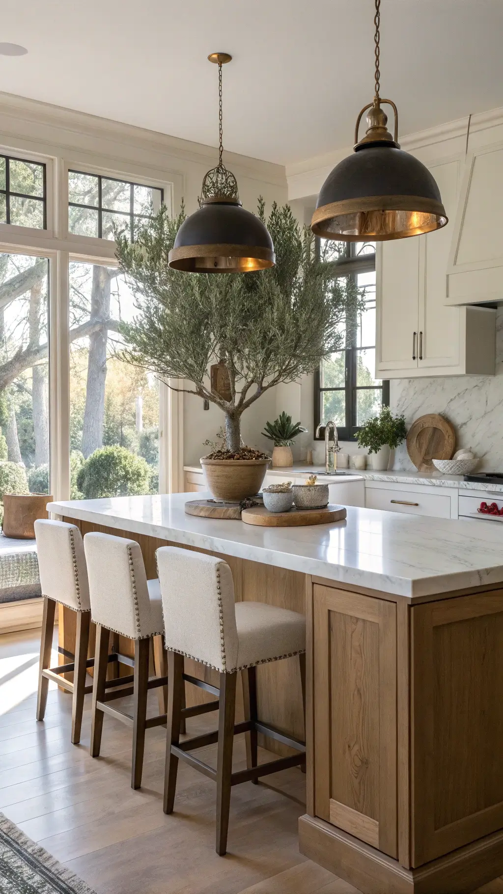A kitchen island with honed marble waterfall countertop, wooden cutting boards, ceramic canisters, and a potted olive tree, accented by three industrial-style aged brass pendant lights. The white oak base features bead board detail, complemented by upholstered barstools in natural linen. Afternoon cross-lighting and dramatic side lighting enhance the casual elegance atmosphere.