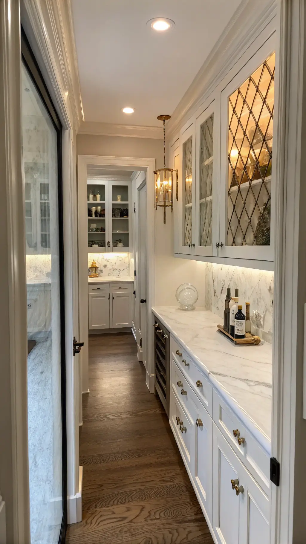A sophisticated Butler's pantry with floor-to-ceiling white cabinets featuring textured glass inserts, polished nickel fixtures, white marble countertops, built-in wine storage, and a coffee station. Antique mirror backsplash and soft ambient lighting from vintage sconces enhance the space.
