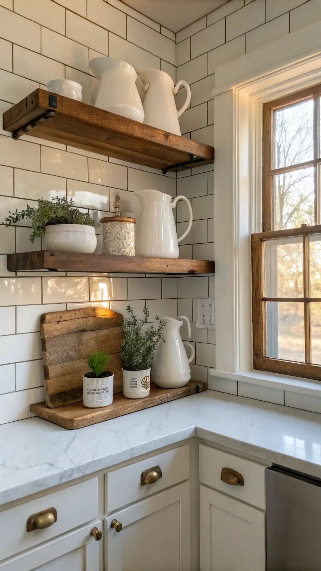 A cozy kitchen corner featuring open reclaimed wood shelves displaying white ironstone pitchers and vintage cutting boards, set against a warm white textured subway tile backsplash. A vintage scale and small potted herbs add charm, with creamy white lower cabinets and brass bin pulls. Morning light from a nearby window highlights the textures and curated items.