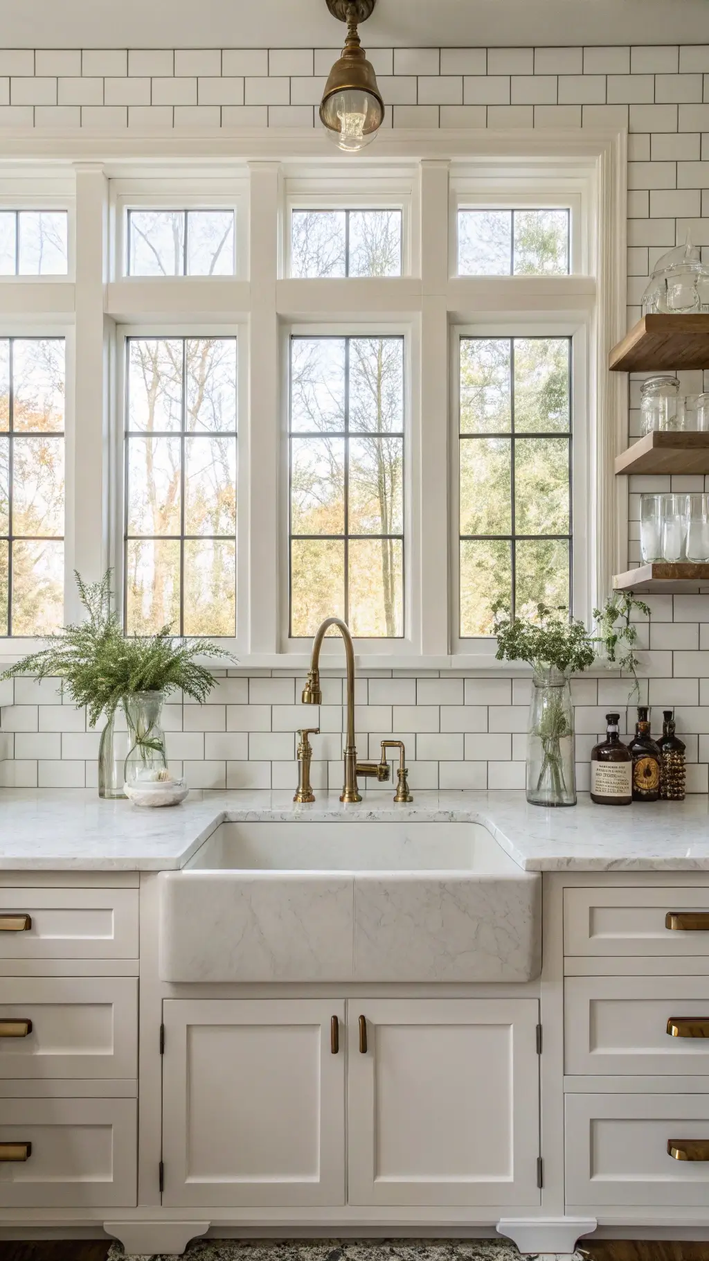 A farmhouse kitchen wall with a large fireclay apron sink centered under three windows, surrounded by white subway tiles. A brass gooseneck faucet complements the classic design. The marble windowsill is adorned with vintage soap bottles and small plants. Upper glass cabinets flanking the windows display crystal glassware, capturing a timeless and symmetrical look.