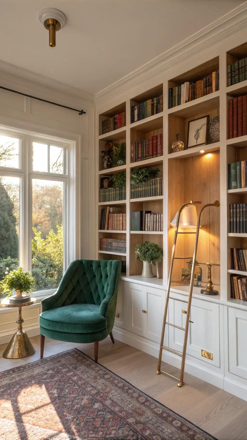 How to Transform Your Small Space Into a Dreamy Home Library Sun-drenched home office-library with white oak bookshelves, emerald green velvet chair, brass ladder, and a sash window at golden hour; books arranged by color, accented with brass objects and plants.