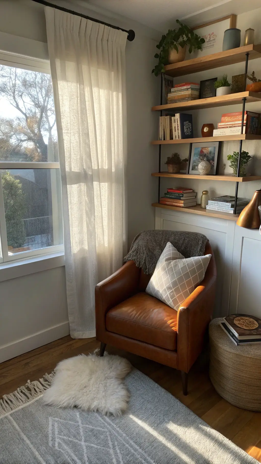 A cozy 8x8ft reading nook with late afternoon light filtering through sheer curtains. It features L-shaped matte charcoal shelving with integrated LED lights, a cognac leather armchair, and a floating walnut side table. Textures include a chunky knit throw and fur pillow, with ceramic vessels among books. Cool shadows and warm lighting enhance the intimate setting.