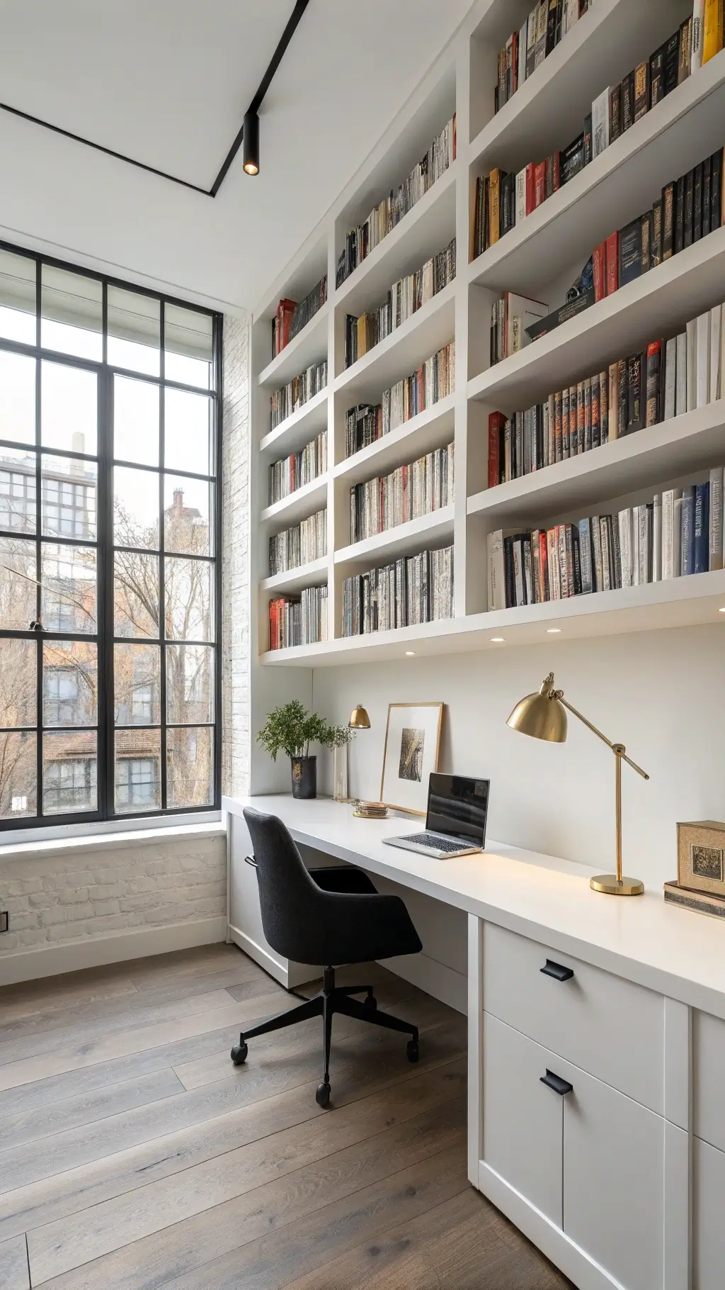 A modern hybrid workspace-library featuring vertical storage solutions and bright midday lighting from industrial-style windows. Floating white shelves above a compact desk showcase an expansive wall of books. The view from the corner highlights the space's verticality, with a minimalist black desk chair, brass lamp, and pale oak flooring contrasted by matte black hardware.