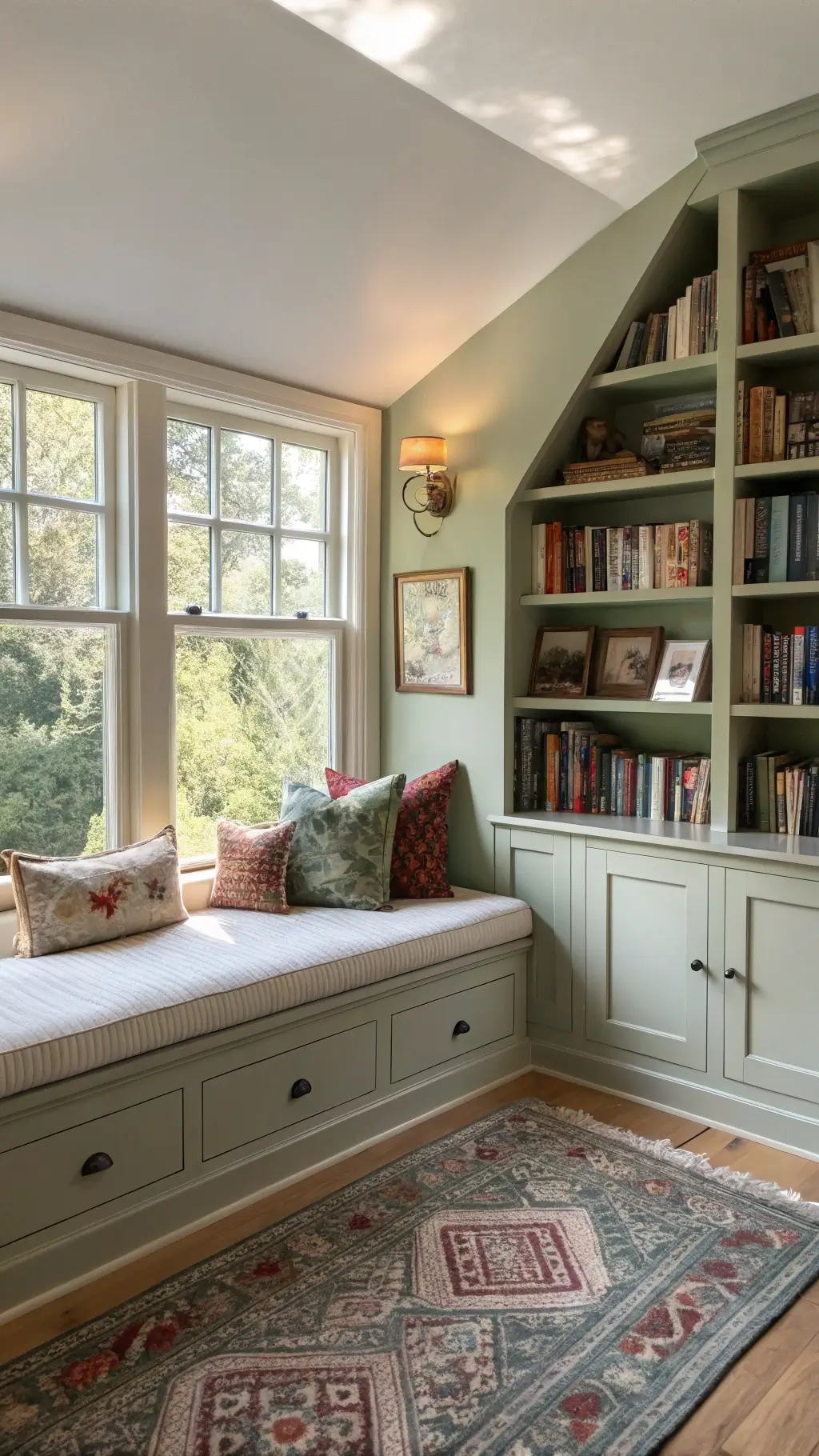 A cozy 6x8ft bedroom reading nook with a deep window alcove, early morning light casting soft shadows. A custom window seat with built-in storage is flanked by sage green floor-to-ceiling bookshelves. Symmetrical shot featuring layered textures of linen cushions, velvet pillows, and a vintage rug. Books are arranged by size with ceramic bookends.