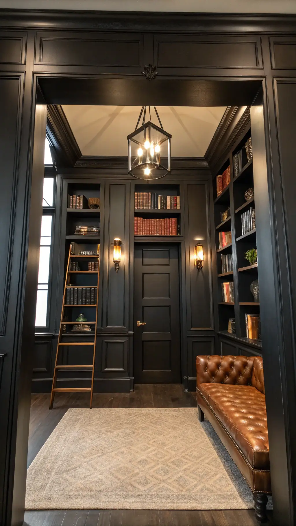 A dramatic library entryway features black floor-to-ceiling shelves wrapping around the door, highlighted by professional interior lighting that accentuates architectural details. The shot from below emphasizes the shelving's 10ft height. An antique leather bench sits below, flanked by brass sconces, with books arranged both horizontally and vertically for a moody atmosphere.
