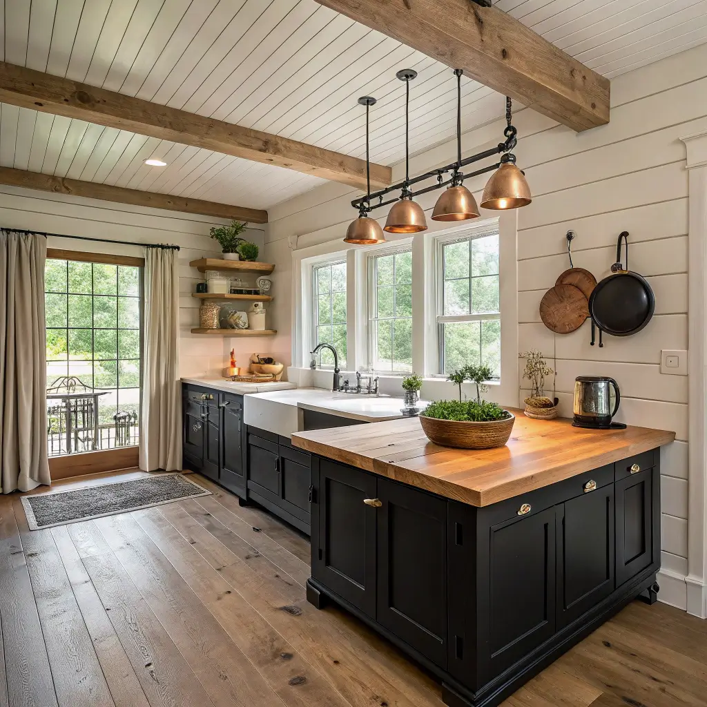 Farmhouse kitchen with shiplap ceiling, oak flooring, black shaker cabinets, butcher block countertops, and central cedar island. Natural light and vintage copper pots enhance the rustic charm.