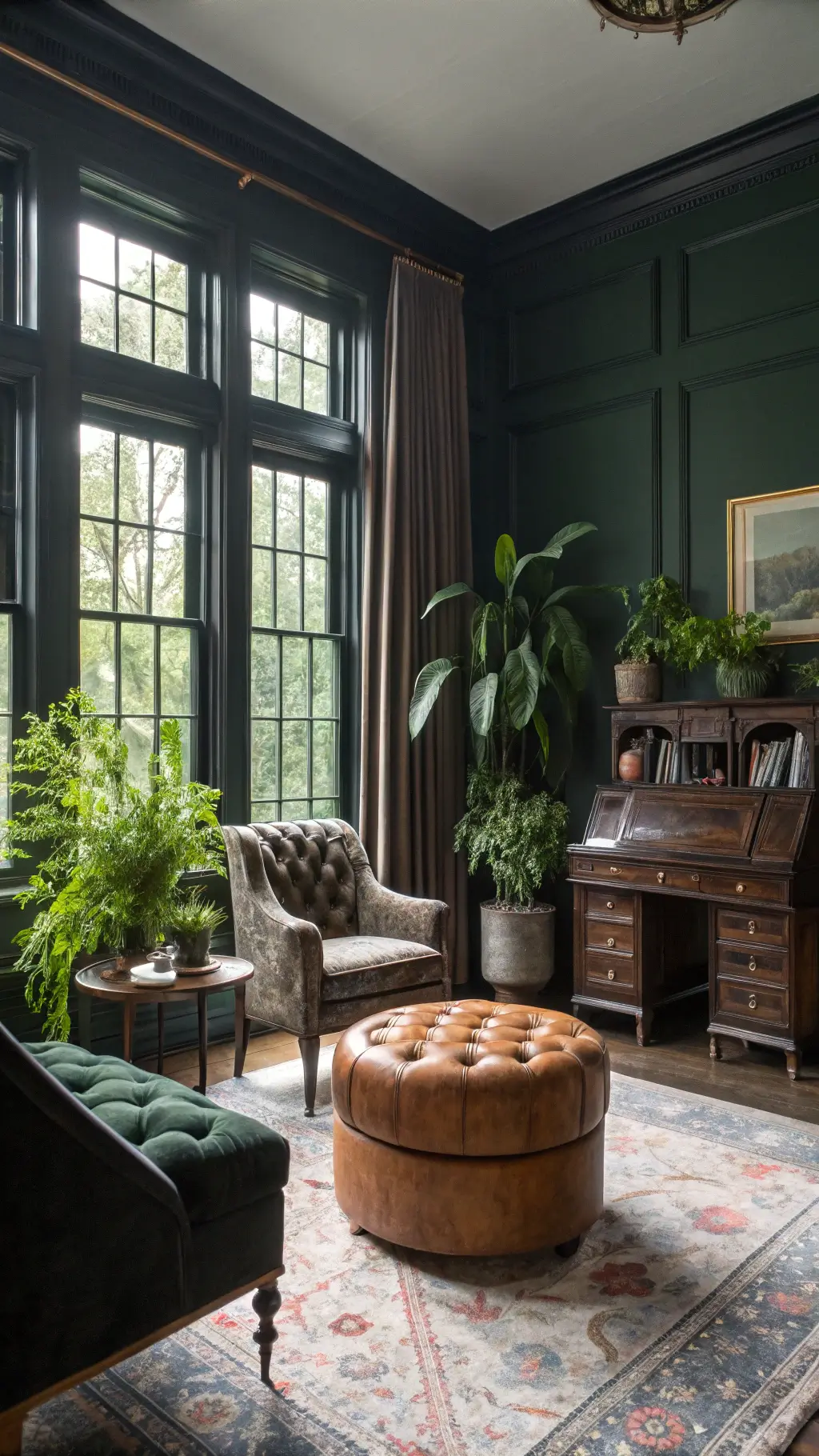 A cozy sitting room with floor-to-ceiling windows draped in charcoal velvet, featuring potted peace lilies and a tufted leather ottoman, surrounded by vintage jewel-toned velvet armchairs. A dark mahogany antique secretary desk stands against forest green walls, contrasted by filtered natural light. Brass picture frames glint in the morning sun.