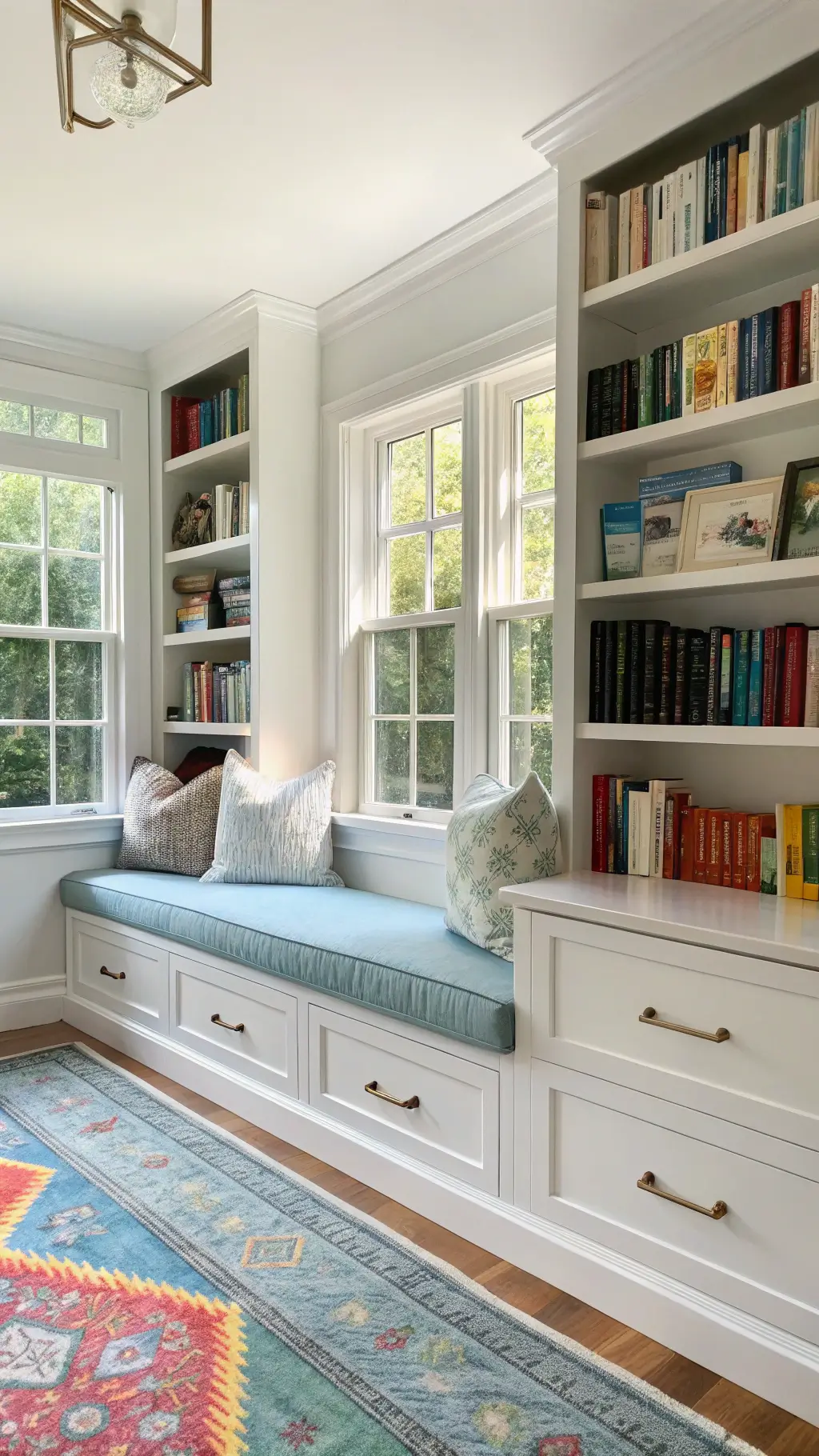 A bright guest room converted into a library with white shelving, integrated bench seating, and storage drawers, featuring a rainbow-color-coded book collection, pale blue cushions, brass sconces, and a vintage Persian rug, bathed in natural mid-morning light.