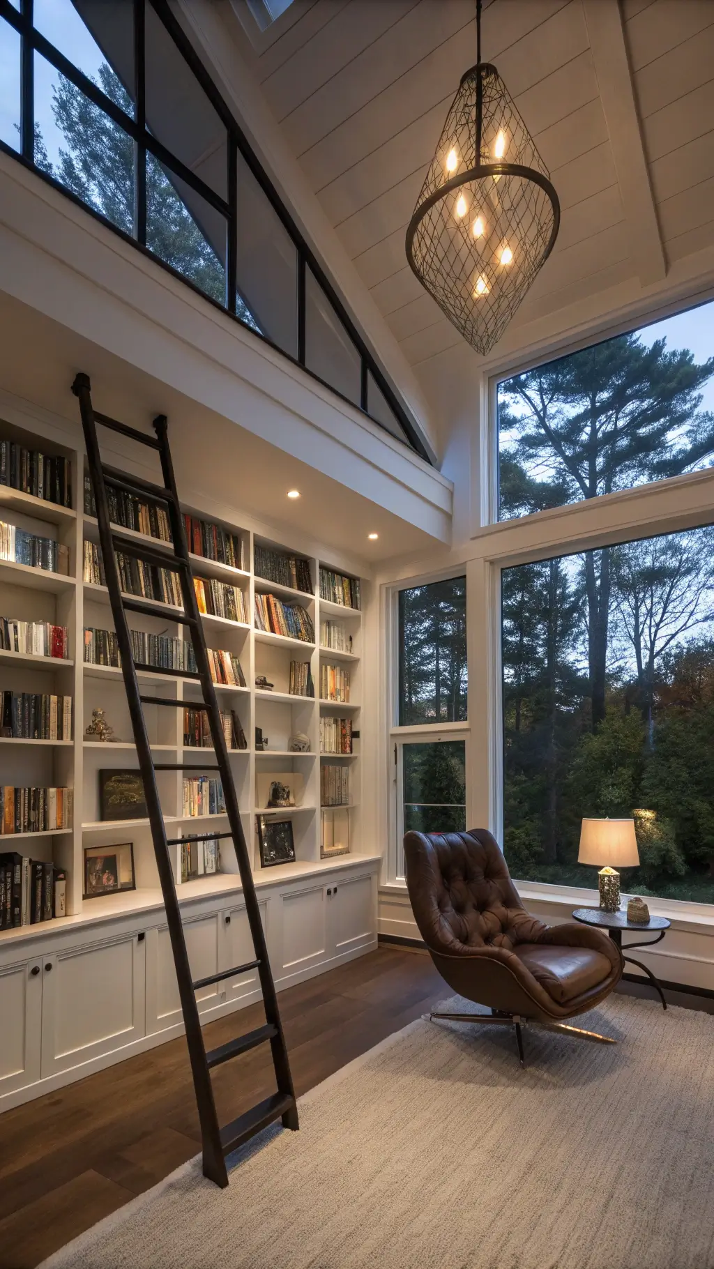 A contemporary reading lounge with a double-height ceiling, featuring a 16ft high modular white oak shelving system with a matte black ladder, mid-century modern leather lounge chair, smoky glass pendant light, and books organized by spine color. Atmospheric evening lighting filters through full-length windows.
