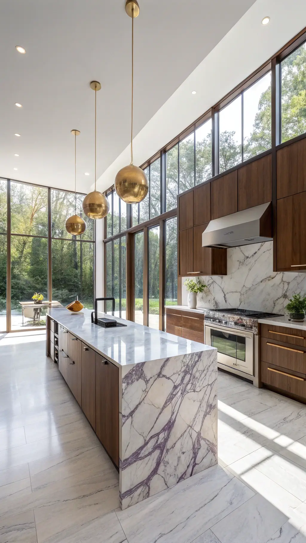 Luxury Kitchen Design Trends 2025: Create Your Dream Culinary Space Spacious kitchen with a Calacatta Viola marble island, walnut cabinetry, gold pendant lights, and professional appliances, illuminated by natural light from large windows. luxury kitchen design