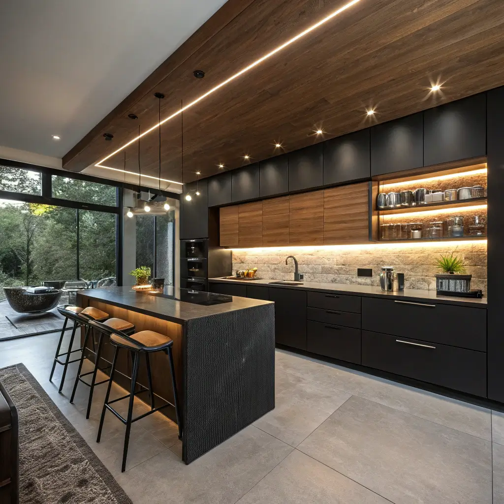 Open-concept kitchen with black cabinetry, walnut accent wall, dramatic lighting, black granite island, and wood bar seating.