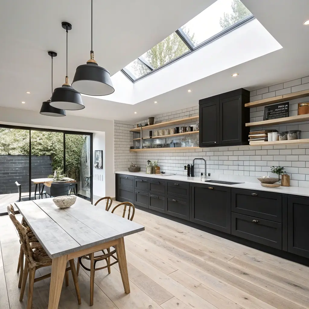 Scandinavian-inspired kitchen with whitewashed oak floors, a black accent wall, black lower cabinets, pale ash wood upper shelving, white corian countertops, and a black backsplash. Morning light illuminates the minimalistic design, highlighted by black metal pendant lights with wooden accents above a pale wood dining table.