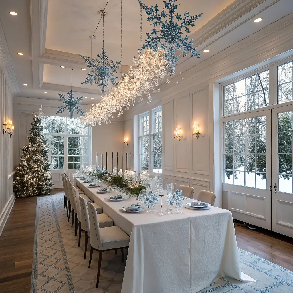 Magical Snowflake Table Decor: Transform Your Winter Gatherings Ethereal winter dining room with an elegant glass table, crystal snowflake centerpiece, and platinum-rimmed place settings, bathed in soft afternoon light from floor-to-ceiling windows.