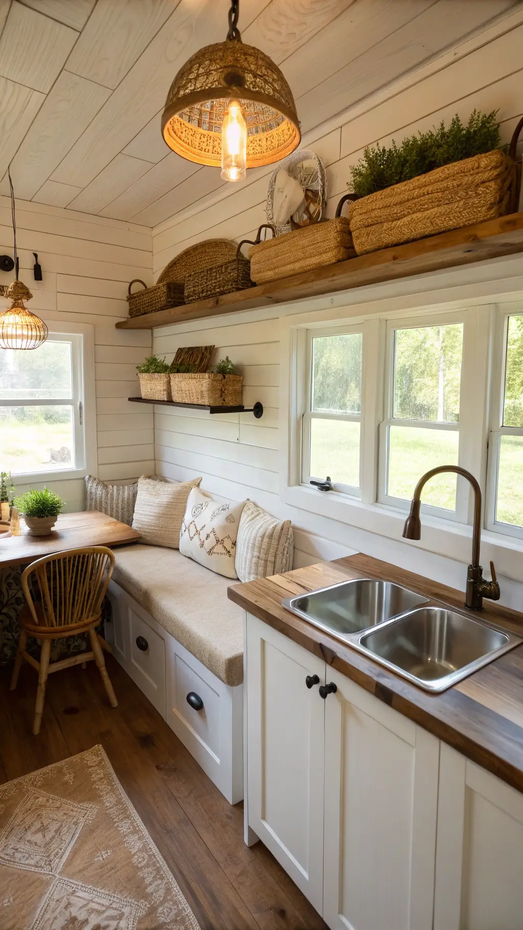 A cozy cabin kitchen nook is illuminated by mid-afternoon sunlight streaming through a solar tube. The scene features a raw-edge walnut countertop with a hammered copper sink. Whitewashed cedar planking serves as a bright backdrop, while woven grass baskets adorn the upper floating shelves. A vintage pendant light with a modern Edison bulb hangs above, casting a warm glow. Built-in bench seating is accented with natural linen cushions, all set in a warm honey and cream color palette.