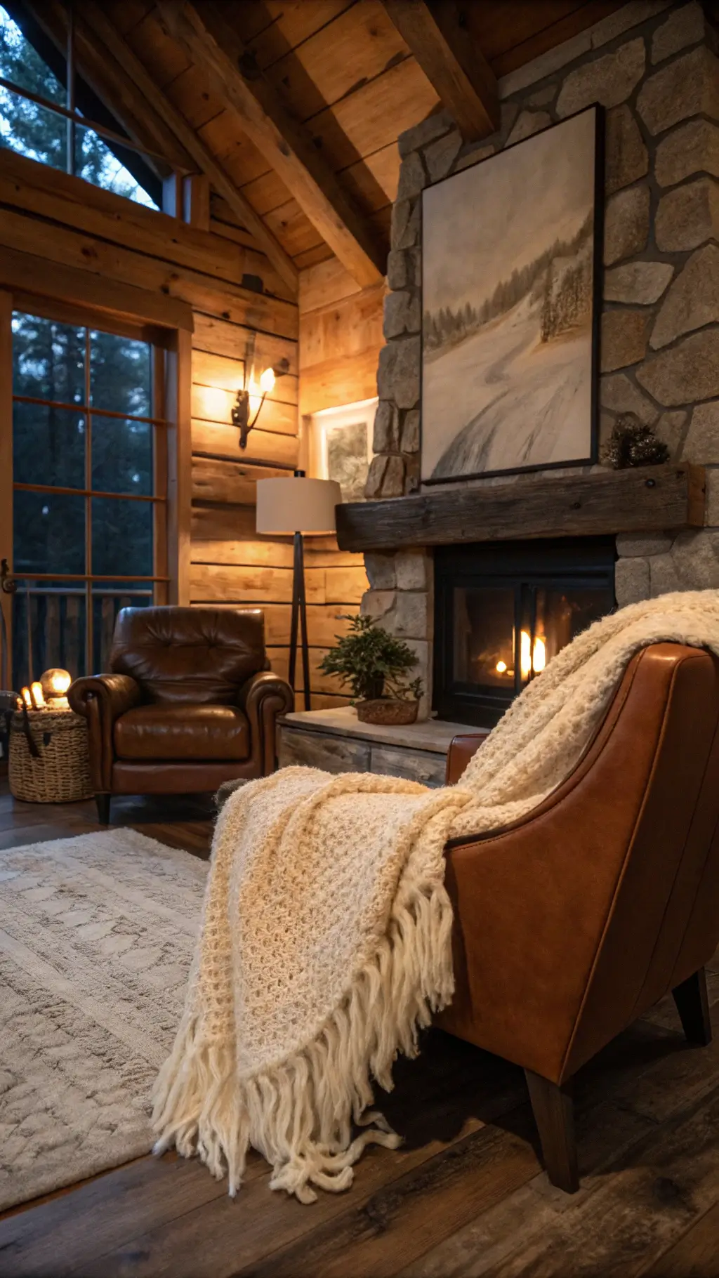 Cozy cabin living room at dusk featuring layered textures like a chunky cream knit throw on a cognac leather armchair, a warm stone fireplace glow, sheepskin rug on pine floor, wrought iron sconces, and modern art on rustic wood walls.