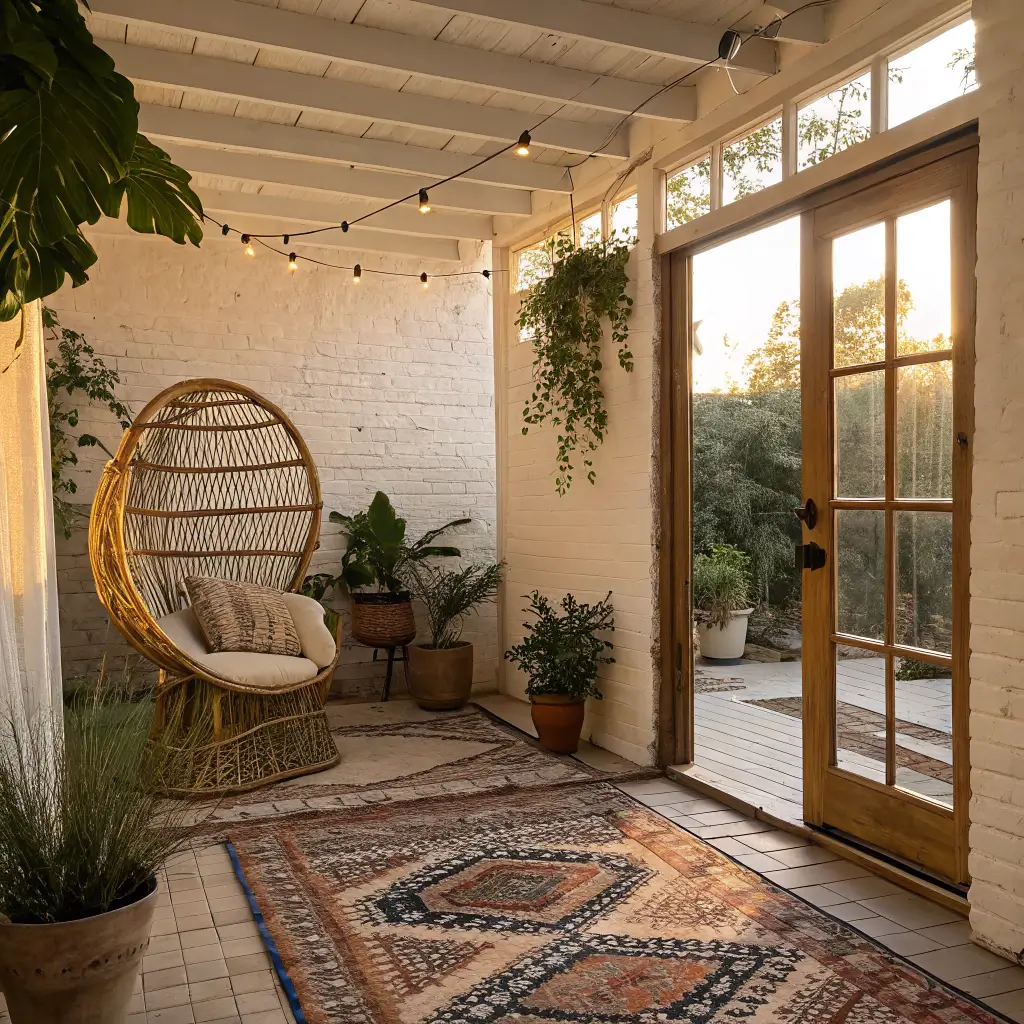 How to Create a Stylish and Comfortable Boho Patio? A cozy, sunlit patio with a rattan peacock chair, macramé throw, vintage rugs, terracotta pots, string lights, and natural and warm LED lighting.