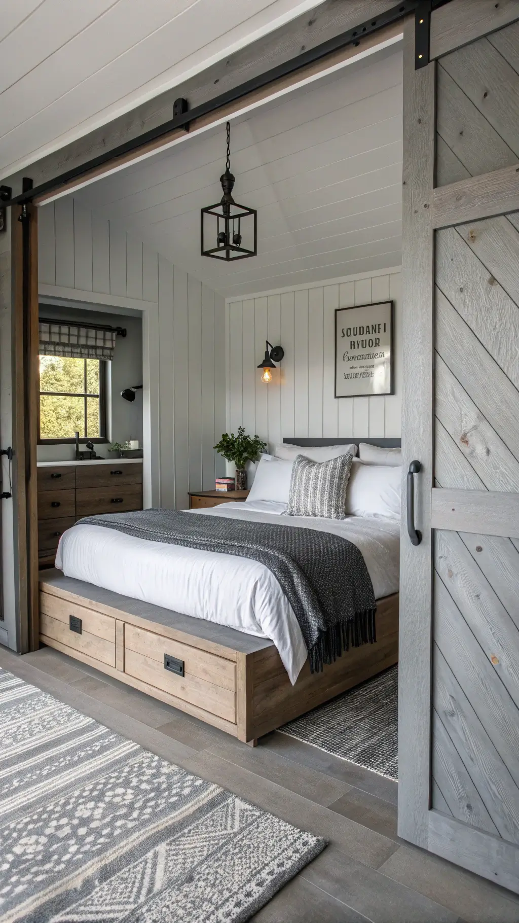 A cozy cabin bedroom with a contemporary platform bed featuring built-in storage drawers, white linen bedding, and a charcoal wool throw. Matte black pendant lights hang on either side of the bed, and a partially open sliding barn door reveals a bathroom. The room has pale gray vertical shiplap walls and mixed metal fixtures.