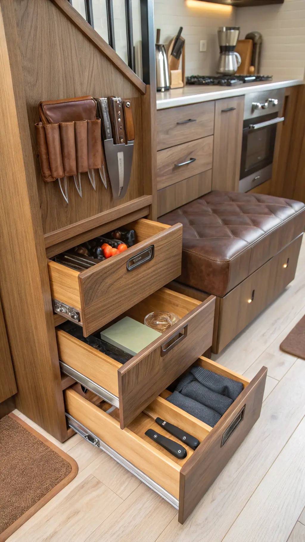 Close-up of under-stair storage with pull-out drawers in weathered oak, copper backsplash with magnetic knife strip, and a hollow leather ottoman used for blanket storage, showcasing smart space usage with natural materials.